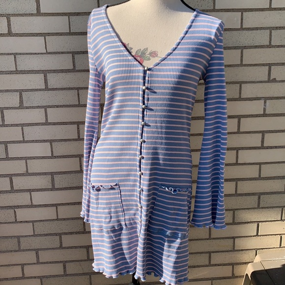 ❌DONATED❌Blue Pink Ribbed Striped V-neck Button Down Lettuce Edging Dress - Picture 5 of 11